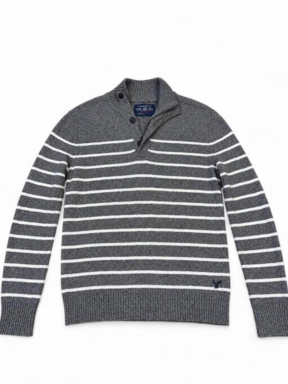 American Eagle Men’s Gray & White Striped Quarter Zip Sweater Large Athletic Fit
